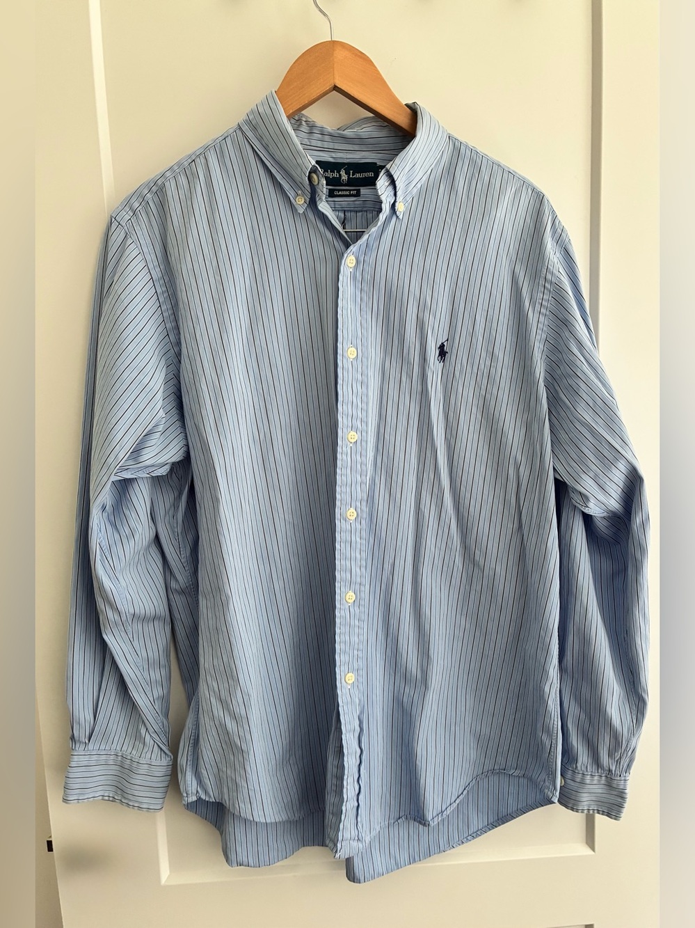 Ralph Lauren Light Blue and Navy Pinstripe Button-Down Shirt 100% cotton preppy